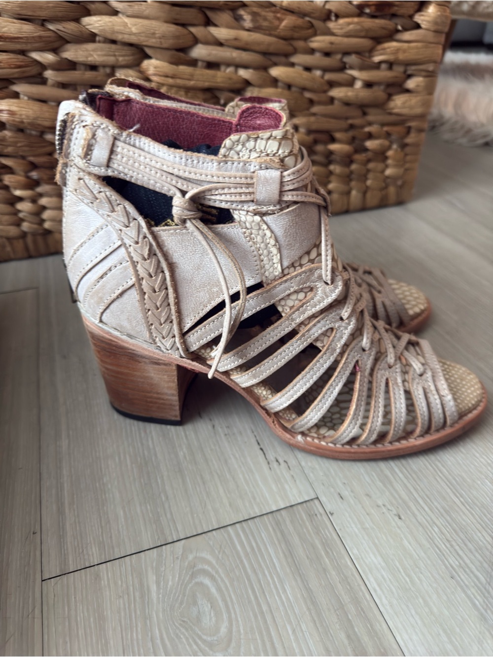 Freebird by Steven Woven Lace-Up Heeled Sandals - Champagne/Blush